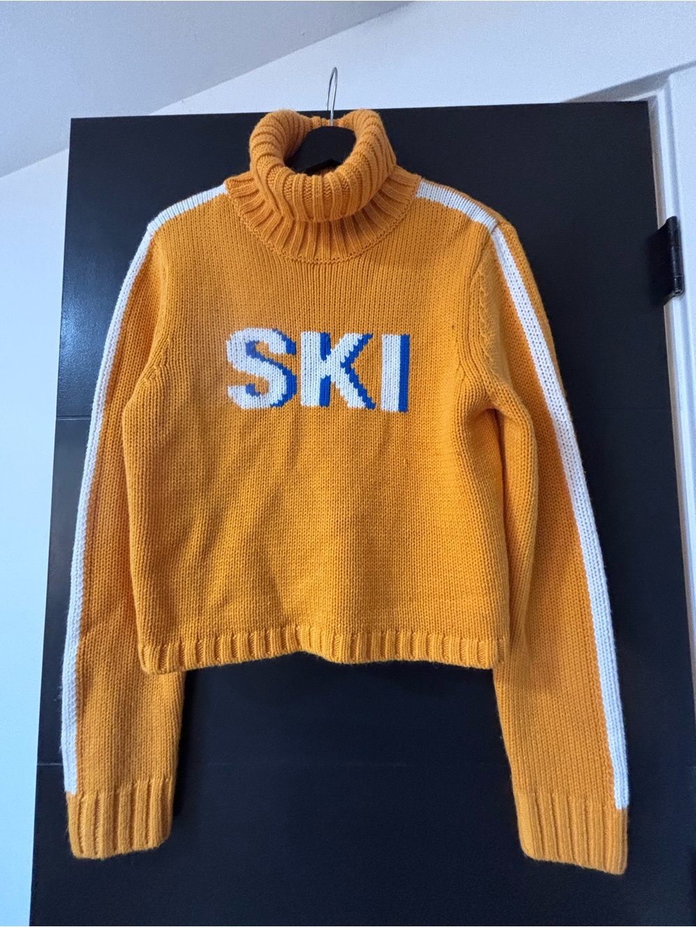 Mustard Turtleneck Ski Sweater with Contrasting Stripes